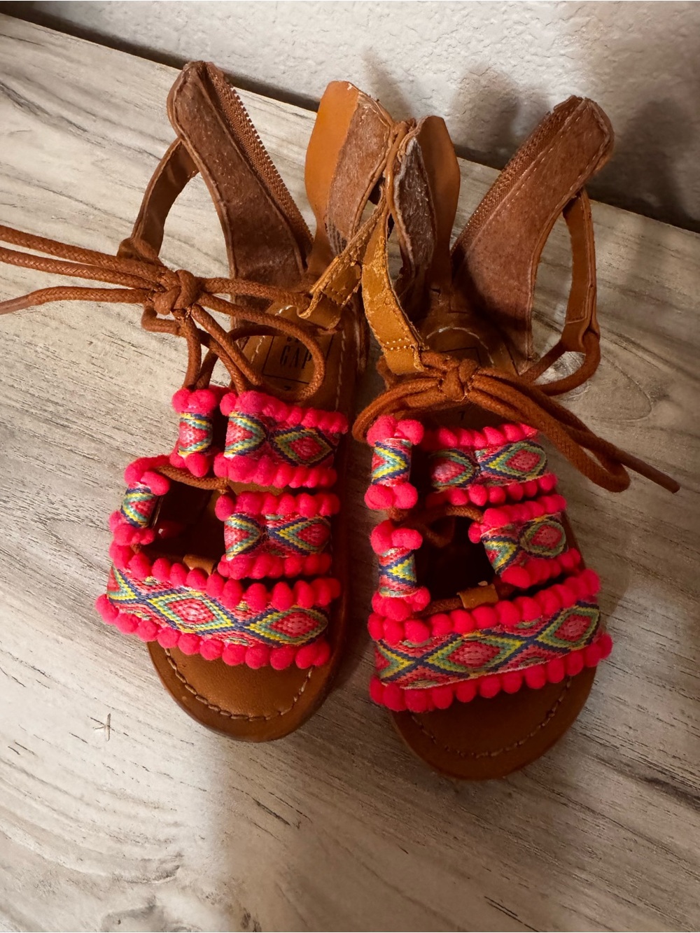 GAP Brown Sandals with Bright Pink Pom-Pom & Multicolor Woven Straps